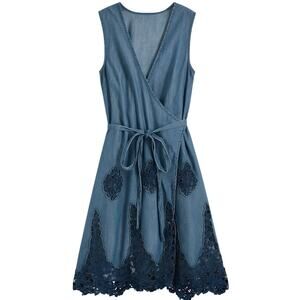 Miguelina Chambray Crochet Lace Wrap Mini Dress Size Small